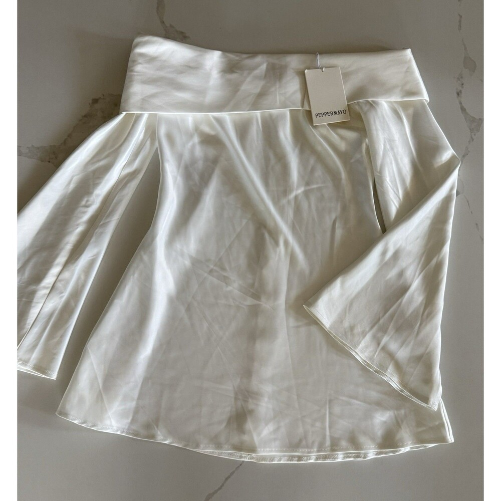 Peppermayo Lumina Dress Womens 4 White Satin Off Shoulder Bell Sleeve Mini